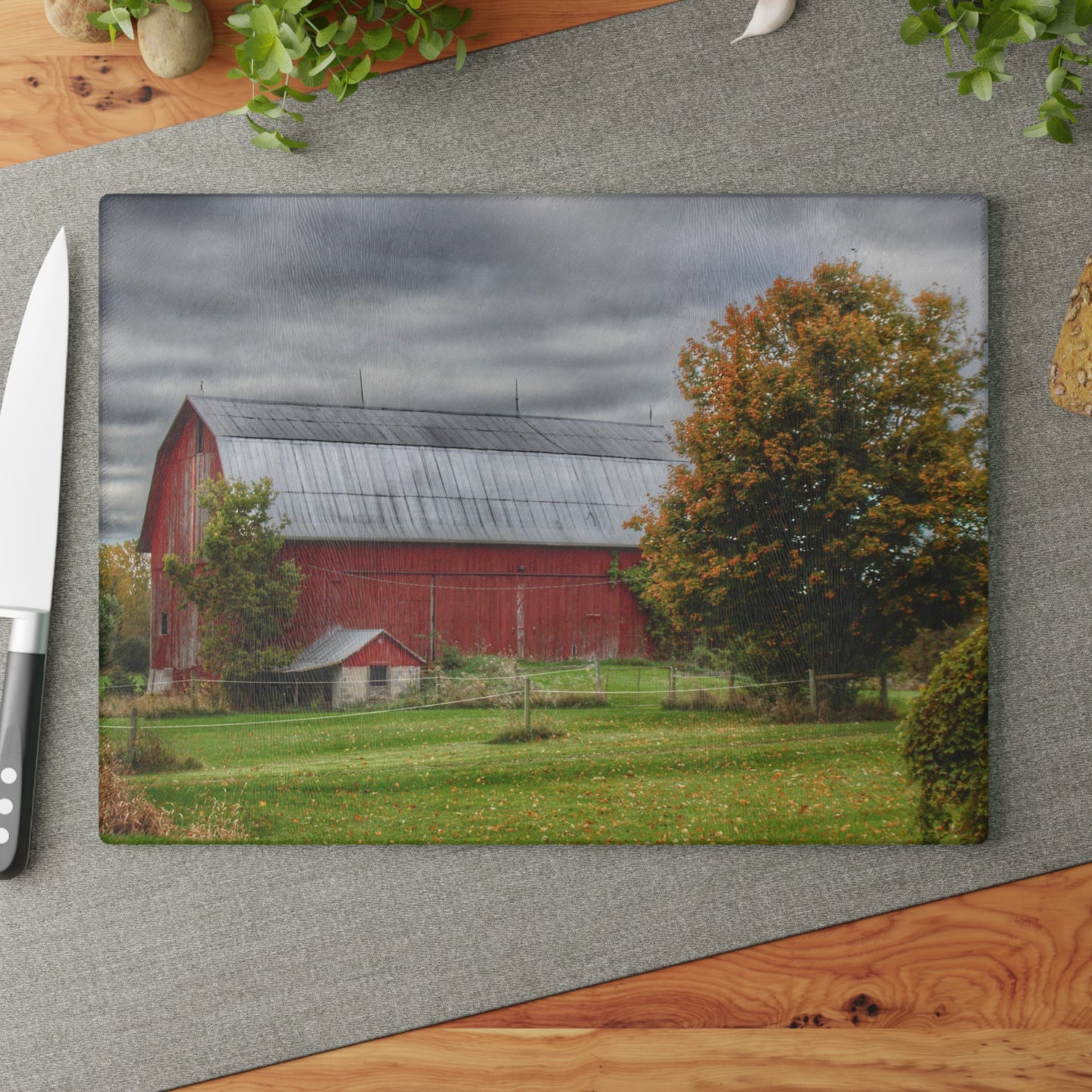 Barn Boutique Rustic Tempered-Glass Cutting Board| Columbiaville Red in Fall II