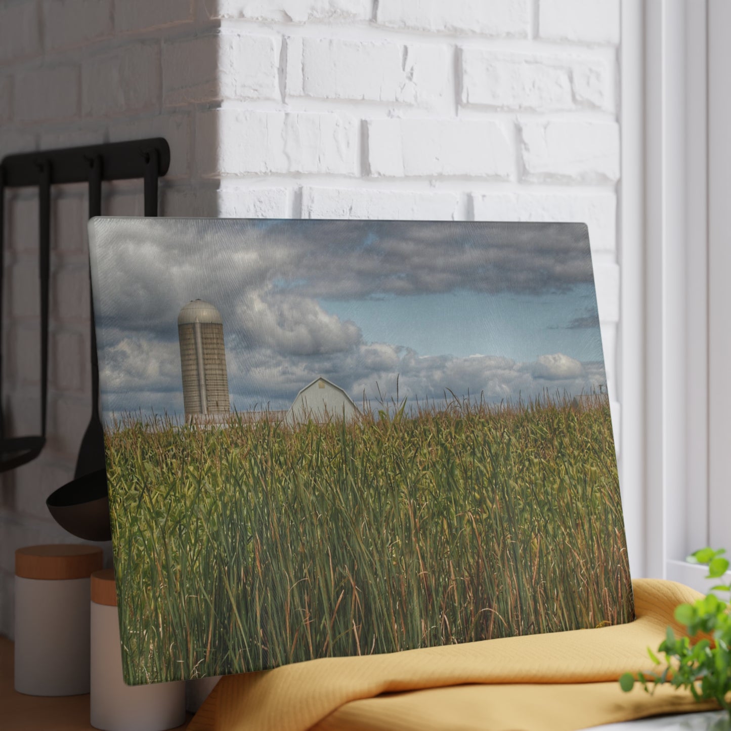 U R There Photography White Barn Overlooking Cornfield Rustic Farmhouse Tempered-Glass Cutting Board