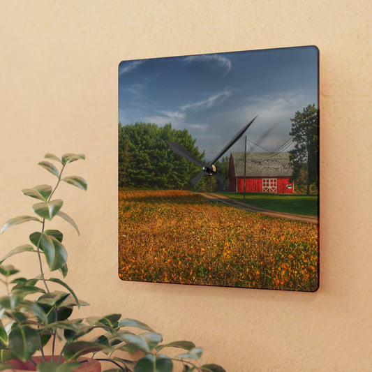 U R There Photography Red Barn on Golden Field Rustic Farmhouse Acrylic Analog Wall Clock