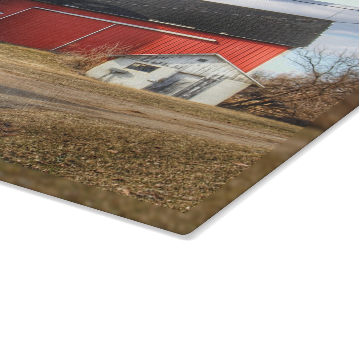 U R There Photography Mayville Road Red and Silo Rustic Farmhouse Tempered-Glass Cutting Board