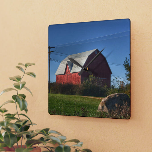 U R There Photography Hemingway Lake Road Red Rustic Farmhouse Acrylic Analog Wall Clock