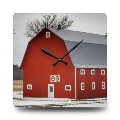 U R There Photography Hollow Corners Red Tree Silo II Rustic Farmhouse Acrylic Analog Wall Clock