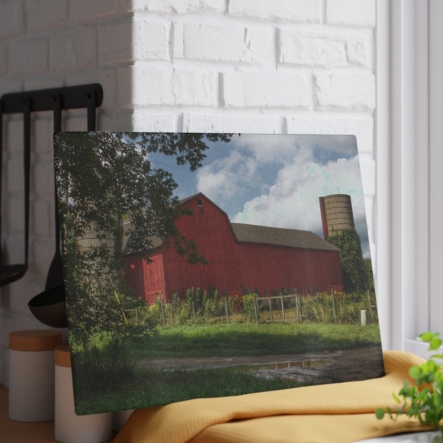 U R There Photography Metamora Road Red Rustic Farmhouse Tempered-Glass Cutting Board