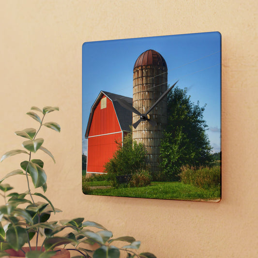 U R There Photography August Red and Silo Rustic Farmhouse Acrylic Analog Wall Clock