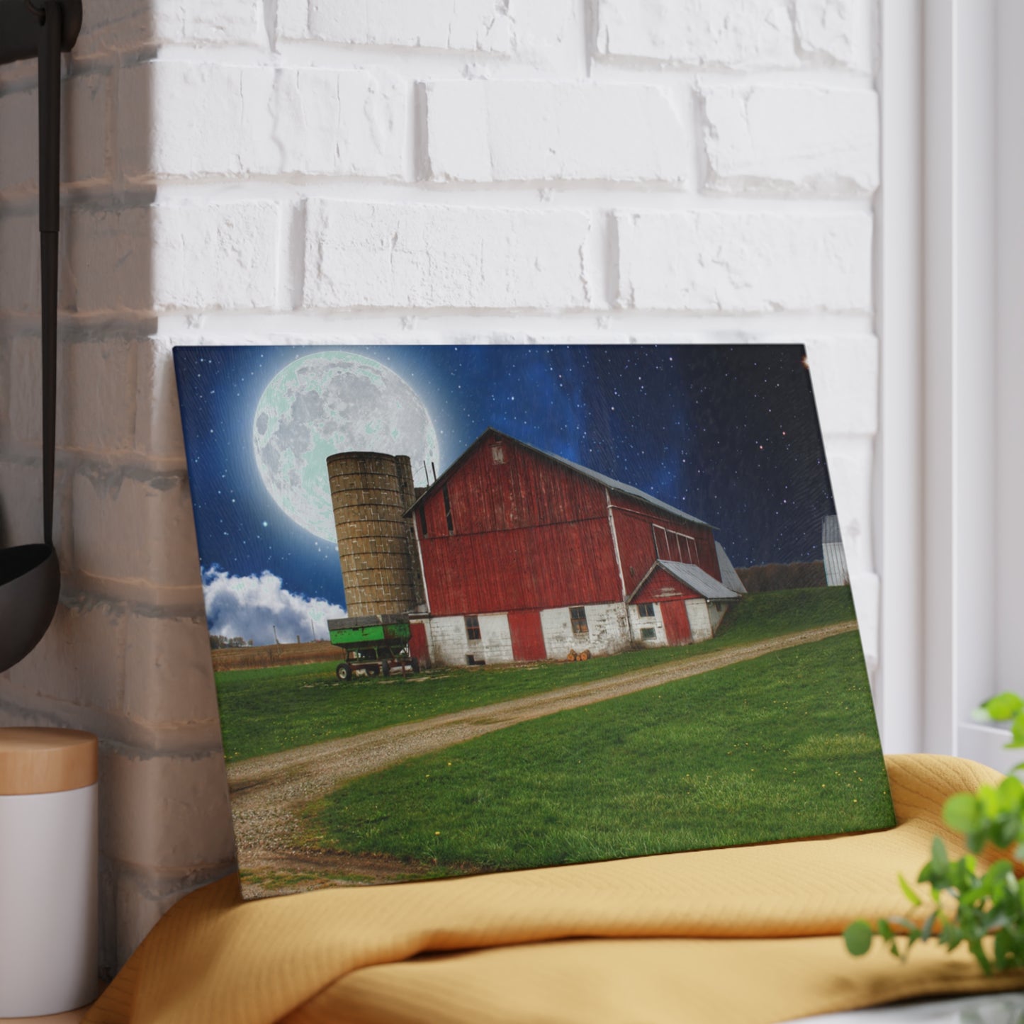 U R There Photography Fostoria Red in the Moonlight Rustic Farmhouse Tempered-Glass Cutting Board