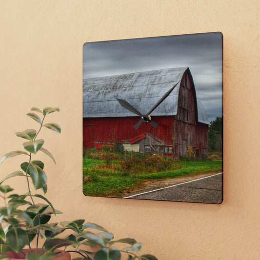 U R There Photography Valentine Road Red Saltbox Rustic Farmhouse Acrylic Analog Wall Clock