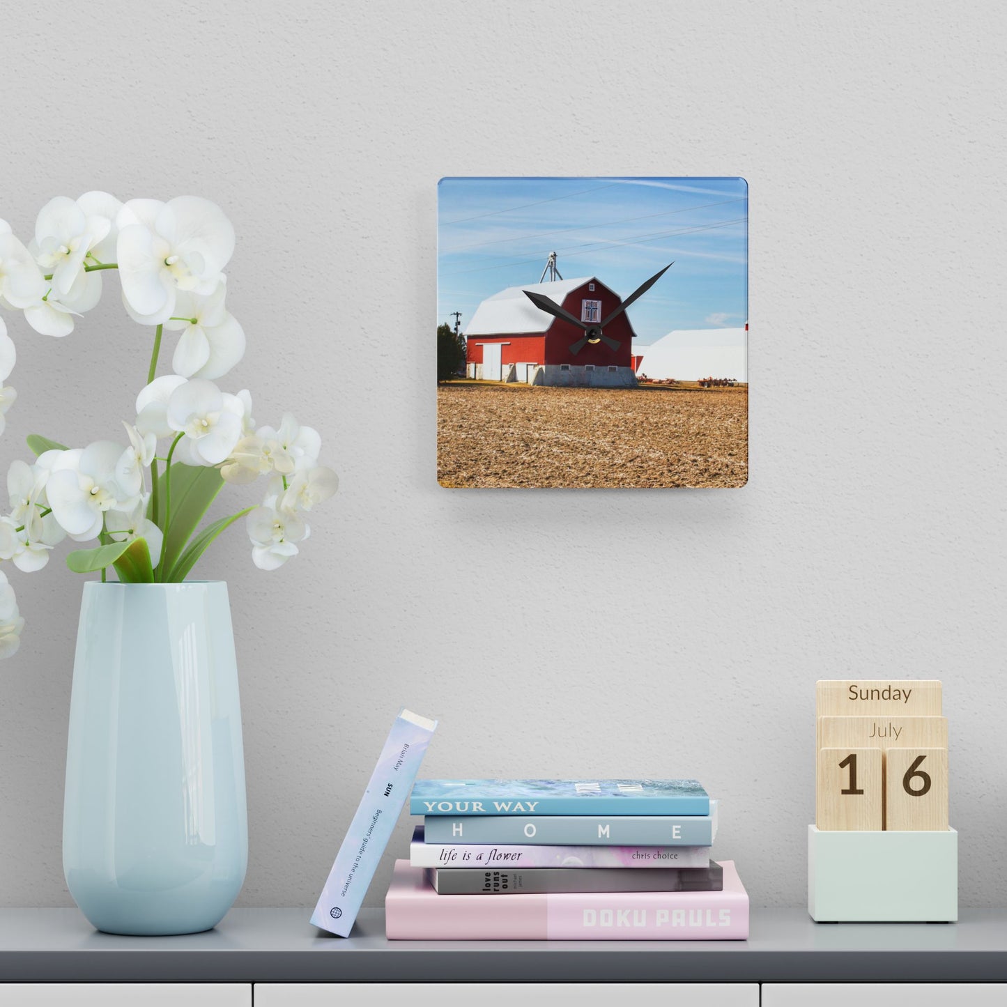 U R There Photography French Road Quilted Red Rustic Farmhouse Acrylic Analog Wall Clock