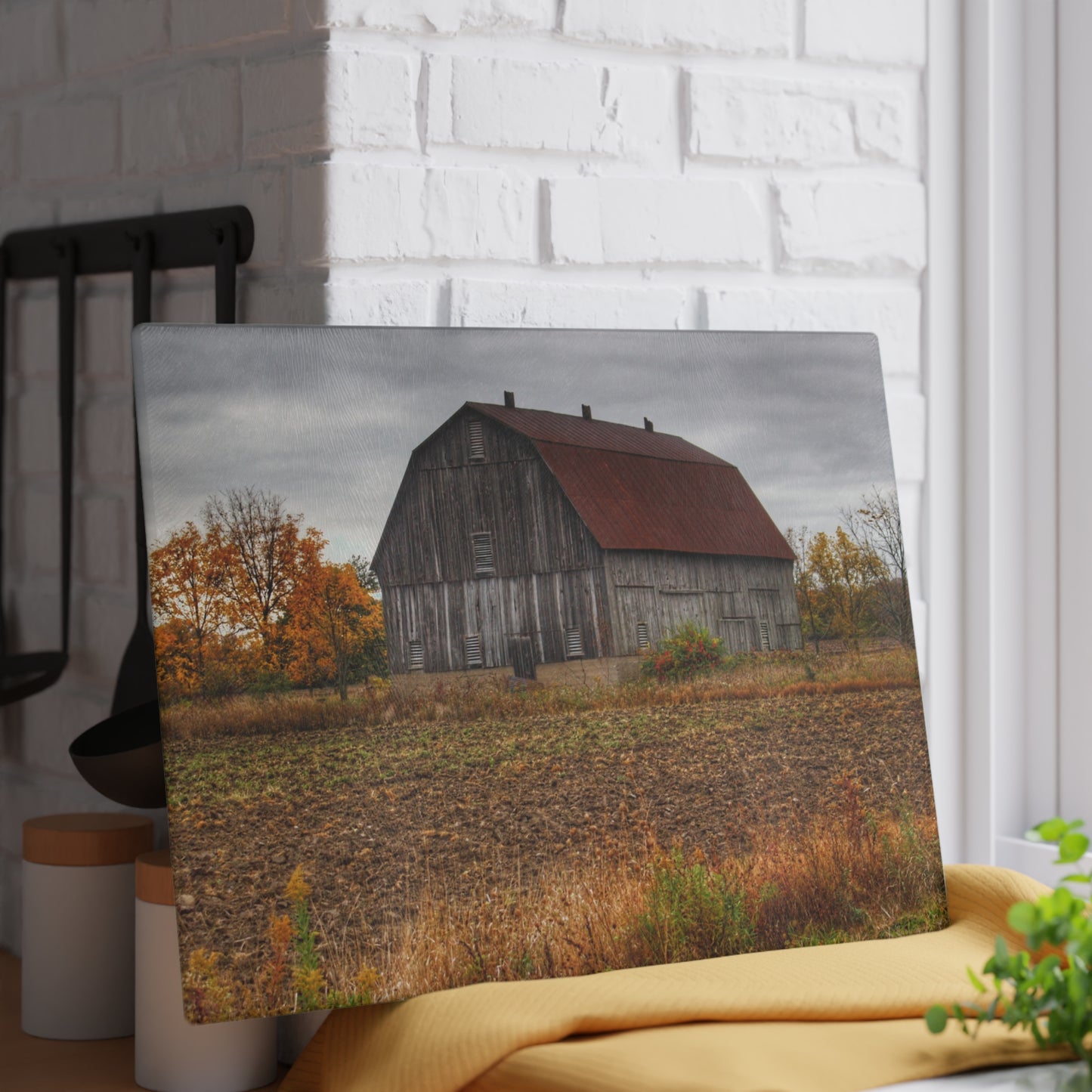 U R There Photography Sheridan Line Road Rusted Grey I Rustic Farmhouse Tempered-Glass Cutting Board 8"x 11"