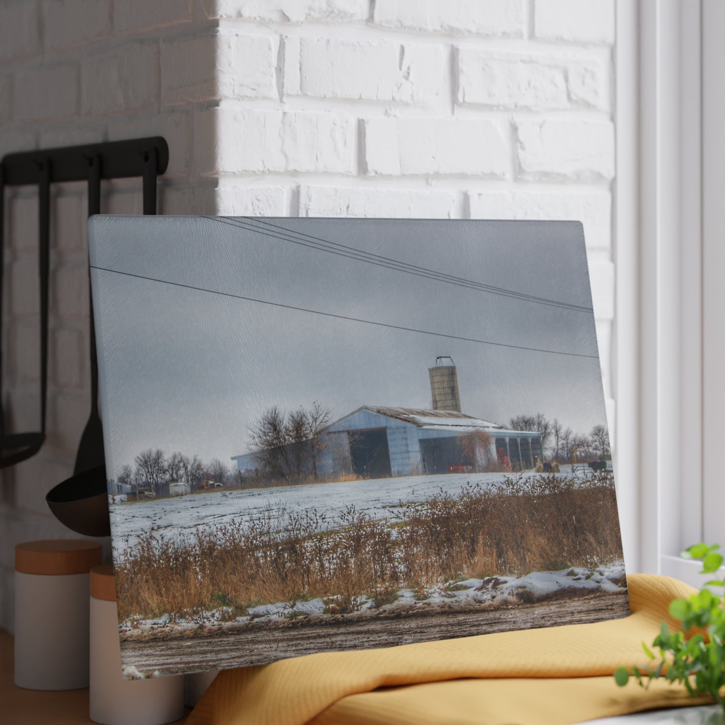 U R There Photography Noble Road Blue Cow Barn Rustic Farmhouse Tempered-Glass Cutting Board