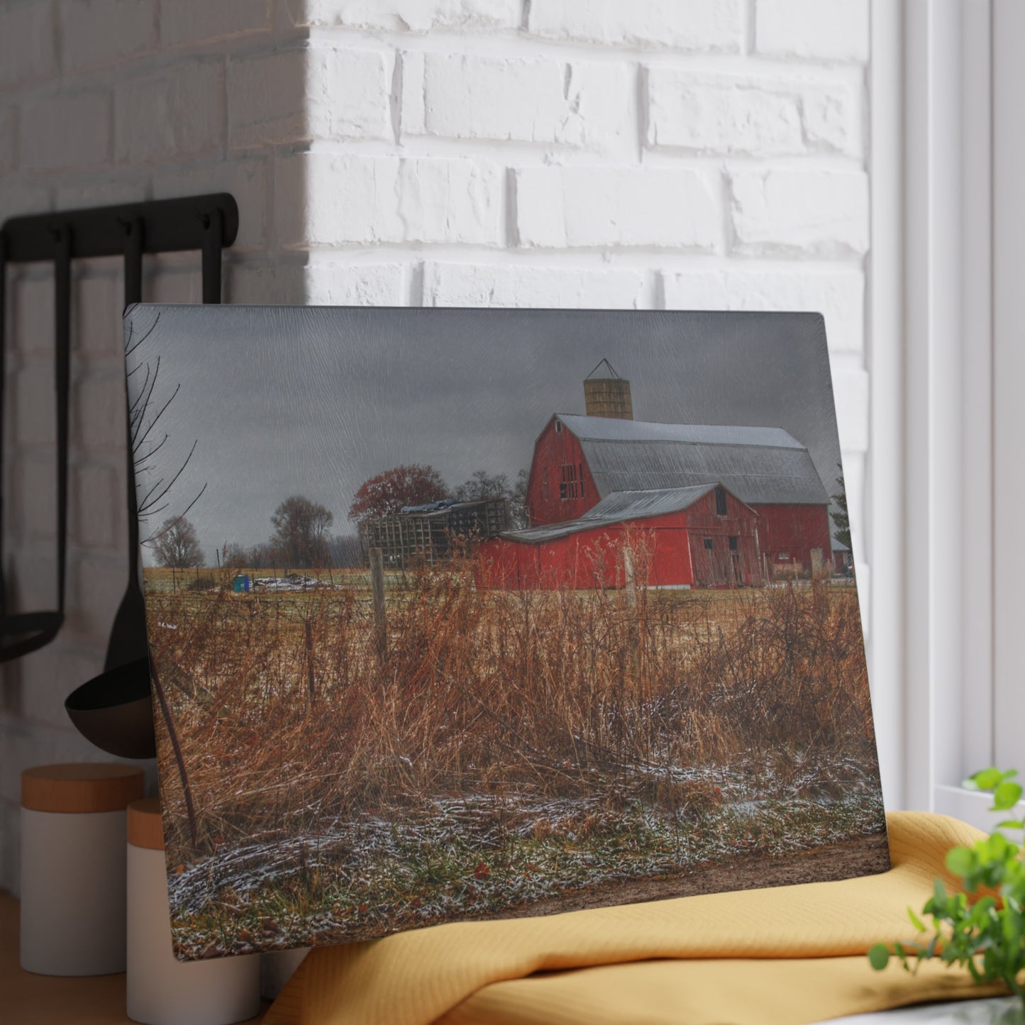U R There Photography Hough Road Reds I Rustic Farmhouse Tempered-Glass Cutting Board