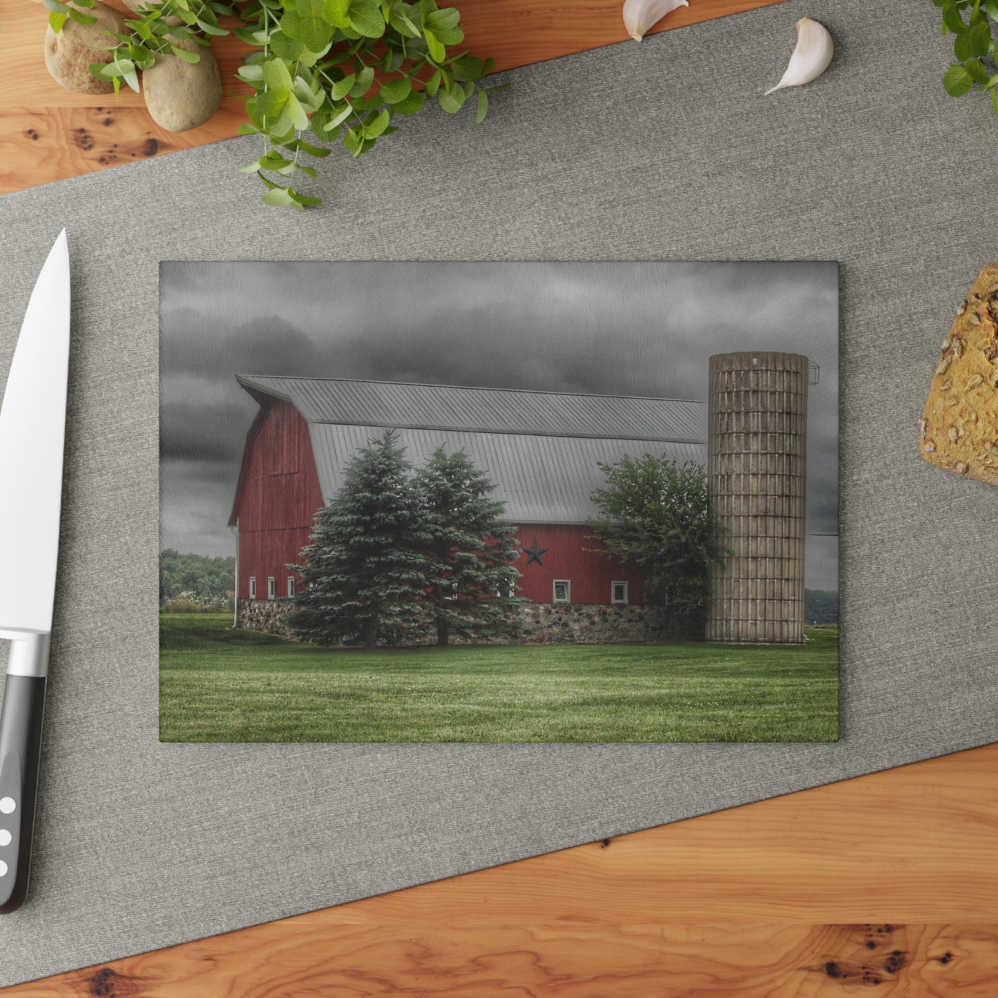 Barn Boutique Rustic Tempered-Glass Cutting Board| Clifford Road Red and Silo I