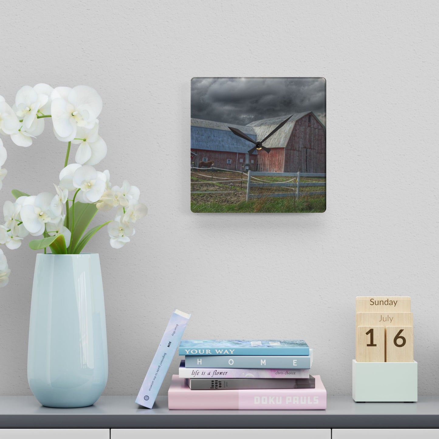 U R There Photography Sandusky Horse Barn Against Fall Skies Rustic Farmhouse Acrylic Analog Wall Clock