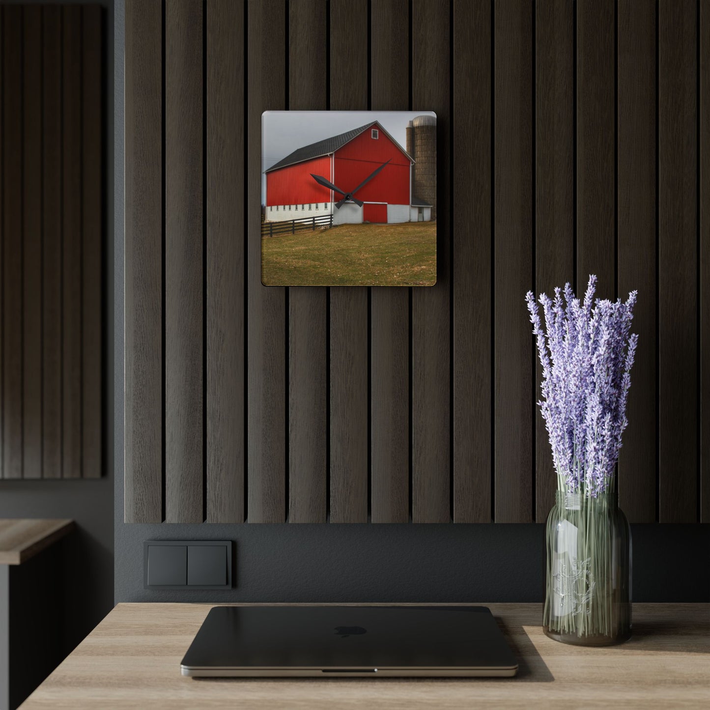 U R There Photography Brocker Road Red I Rustic Farmhouse Acrylic Analog Wall Clock