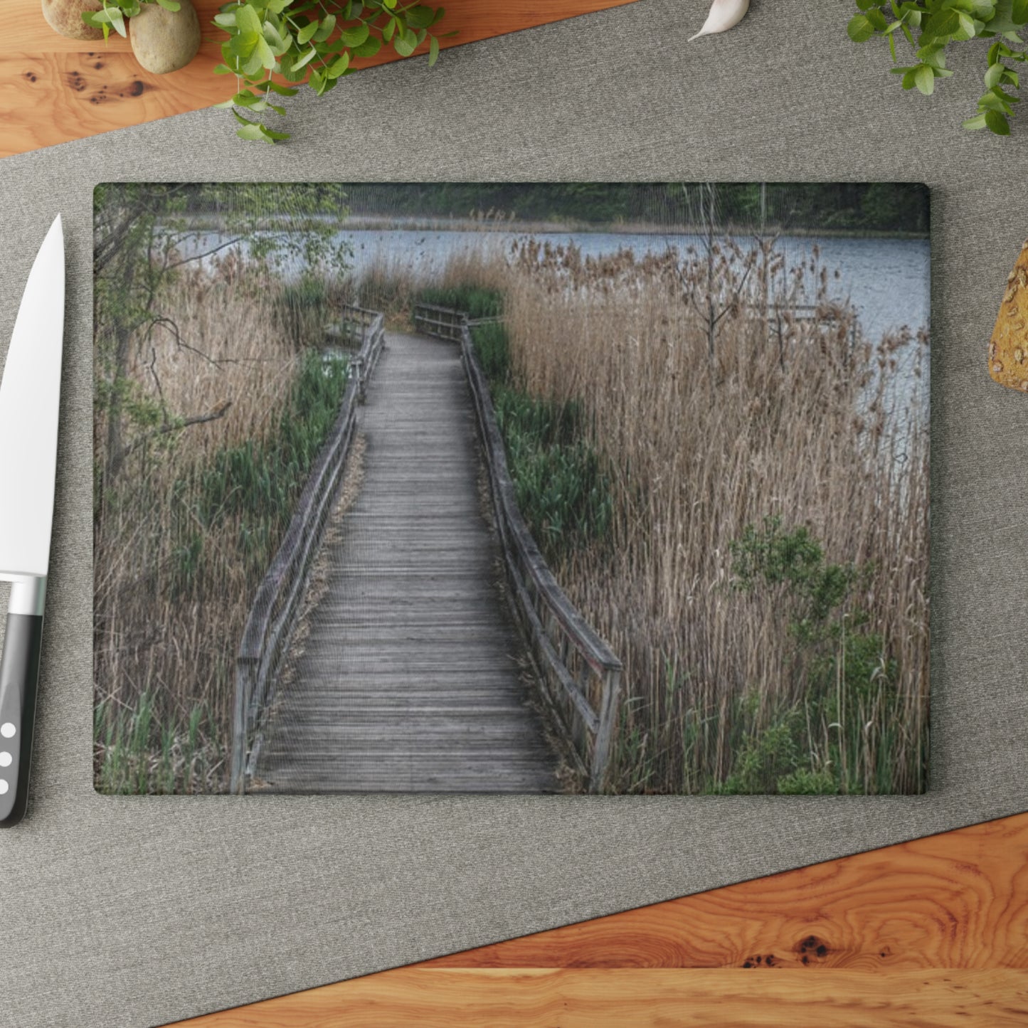 U R There Photography Linear Park Bridge in Lapeer II Rustic Farmhouse Tempered-Glass Cutting Board