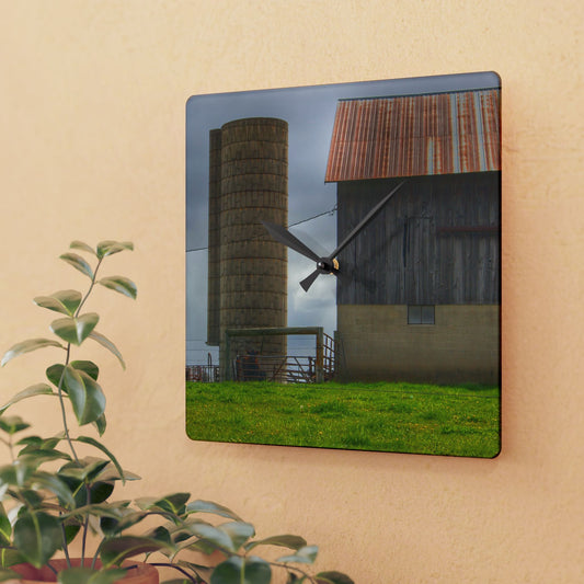 U R There Photography Clothier Road Grey and Silo Rustic Farmhouse Acrylic Analog Wall Clock