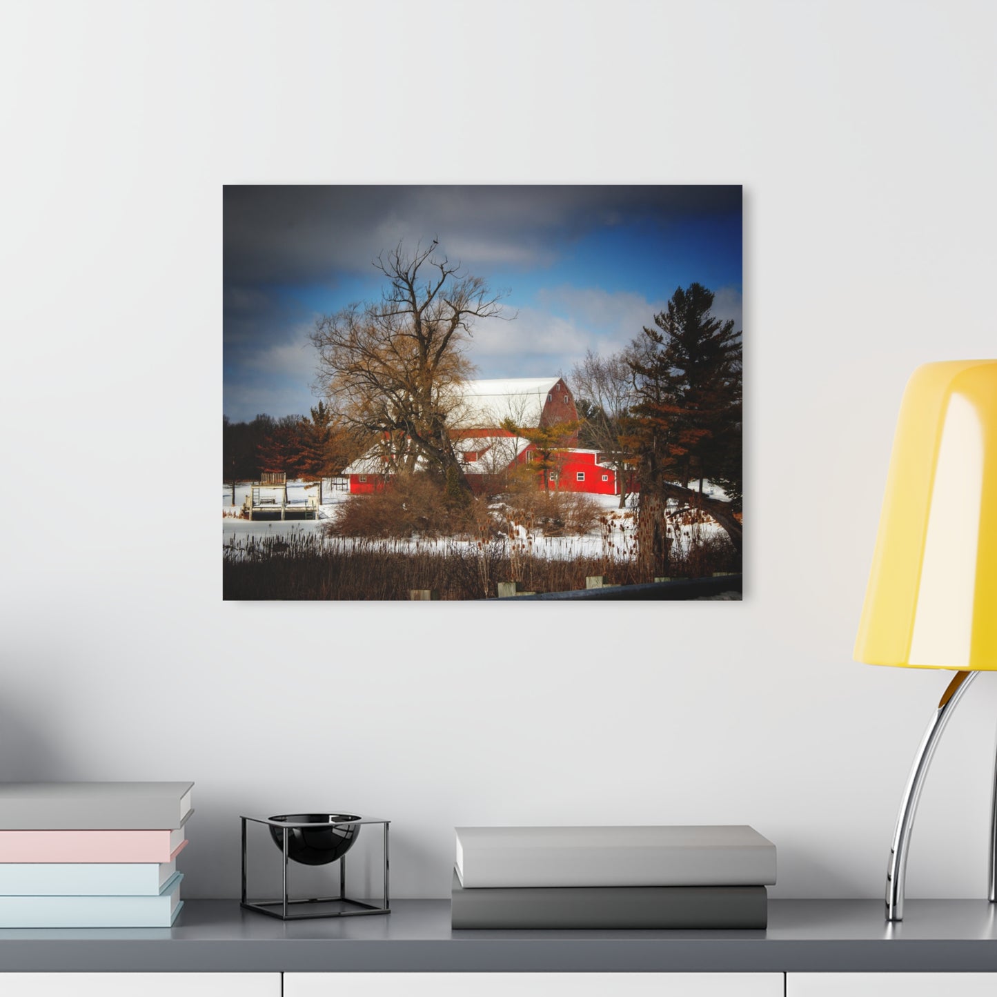 U R There Photography Hadley Road Hidden Red in Winter Rustic Farmhouse Acrylic Wall Print