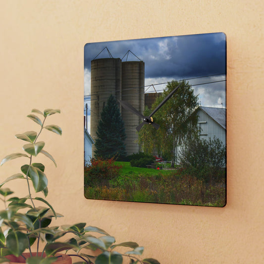 U R There Photography Baldwin White and Silos Rustic Farmhouse Acrylic Analog Wall Clock
