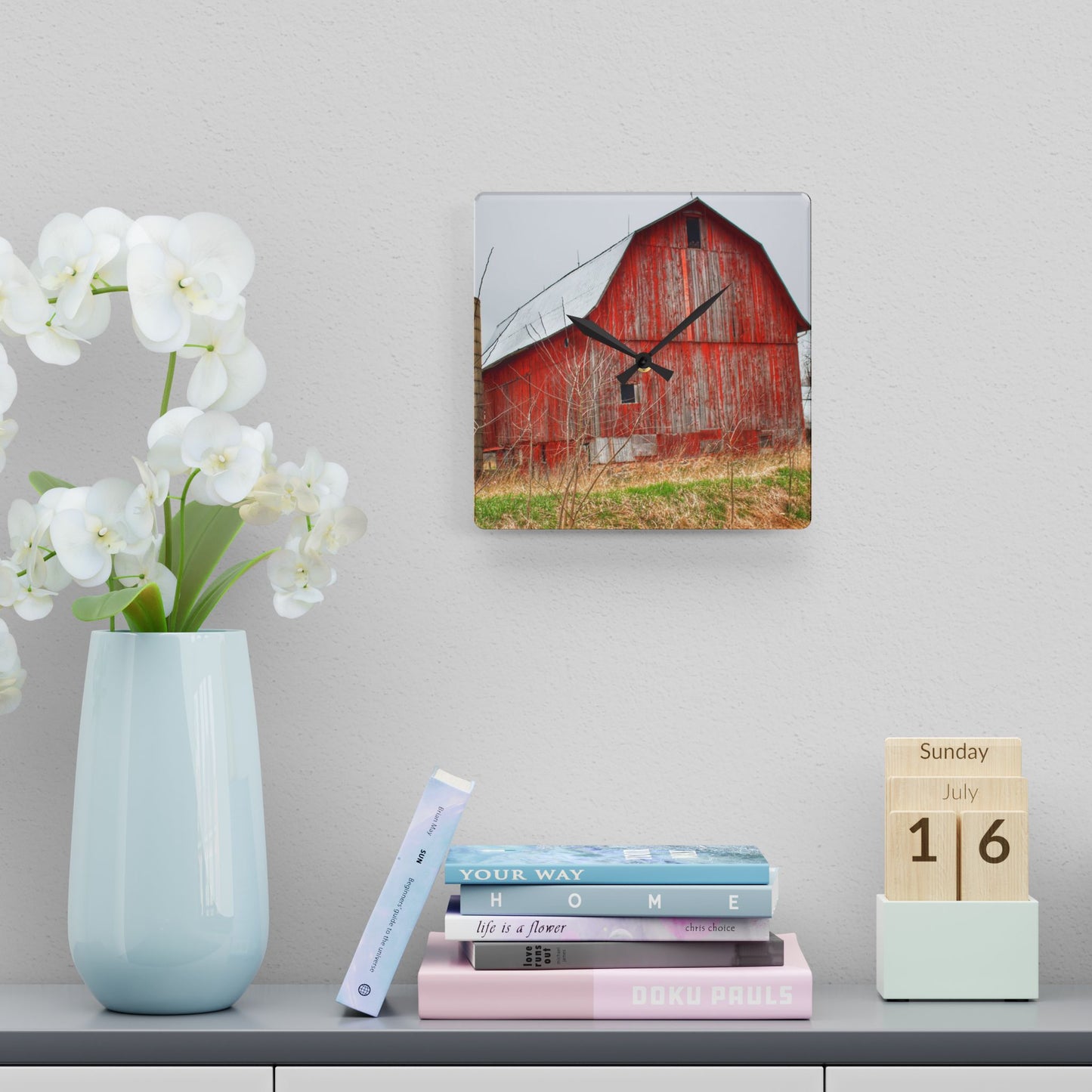 U R There Photography Columbiaville Red 2020 Rustic Farmhouse Acrylic Analog Wall Clock