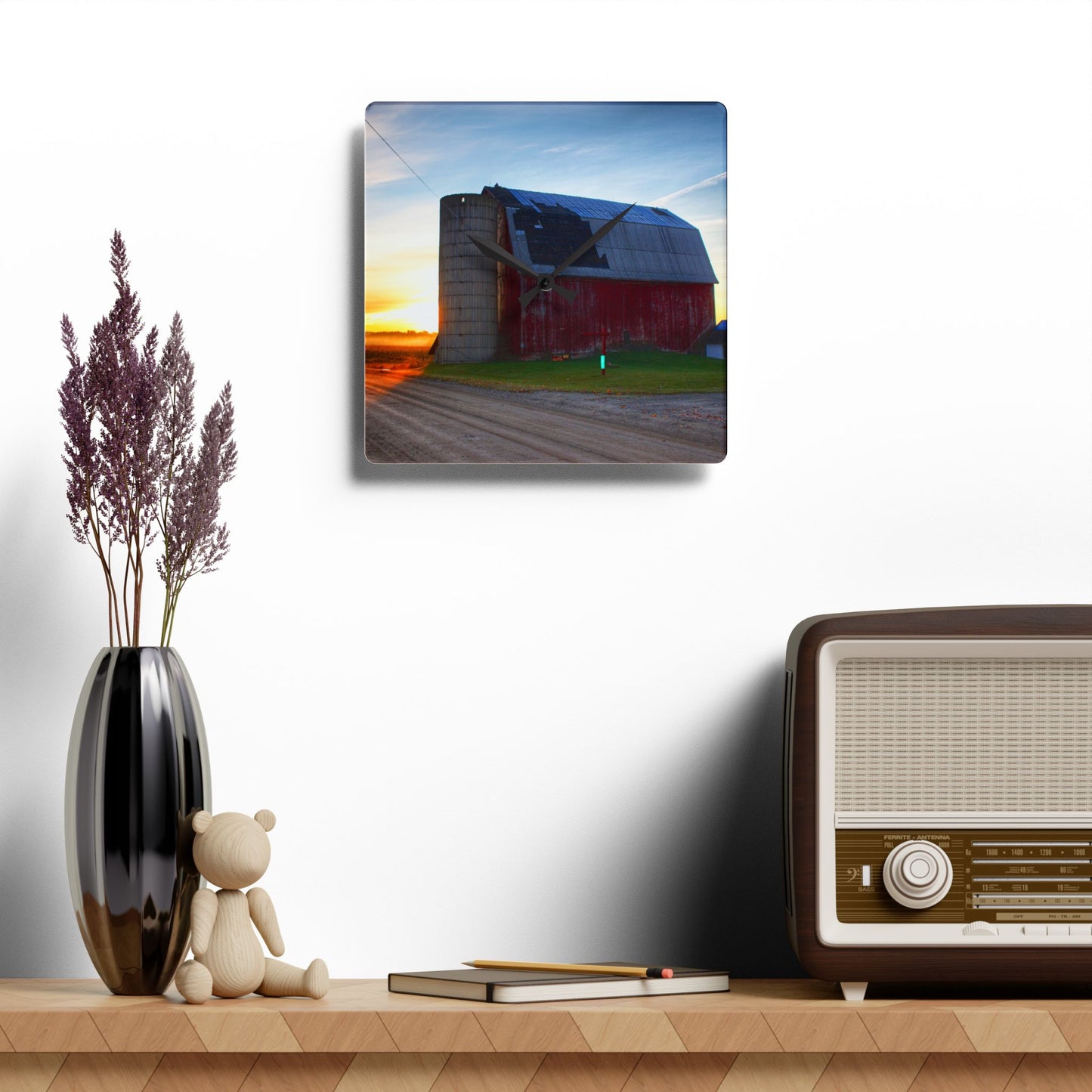 U R There Photography Haines Road Red at Sunrise Rustic Farmhouse Acrylic Analog Wall Clock