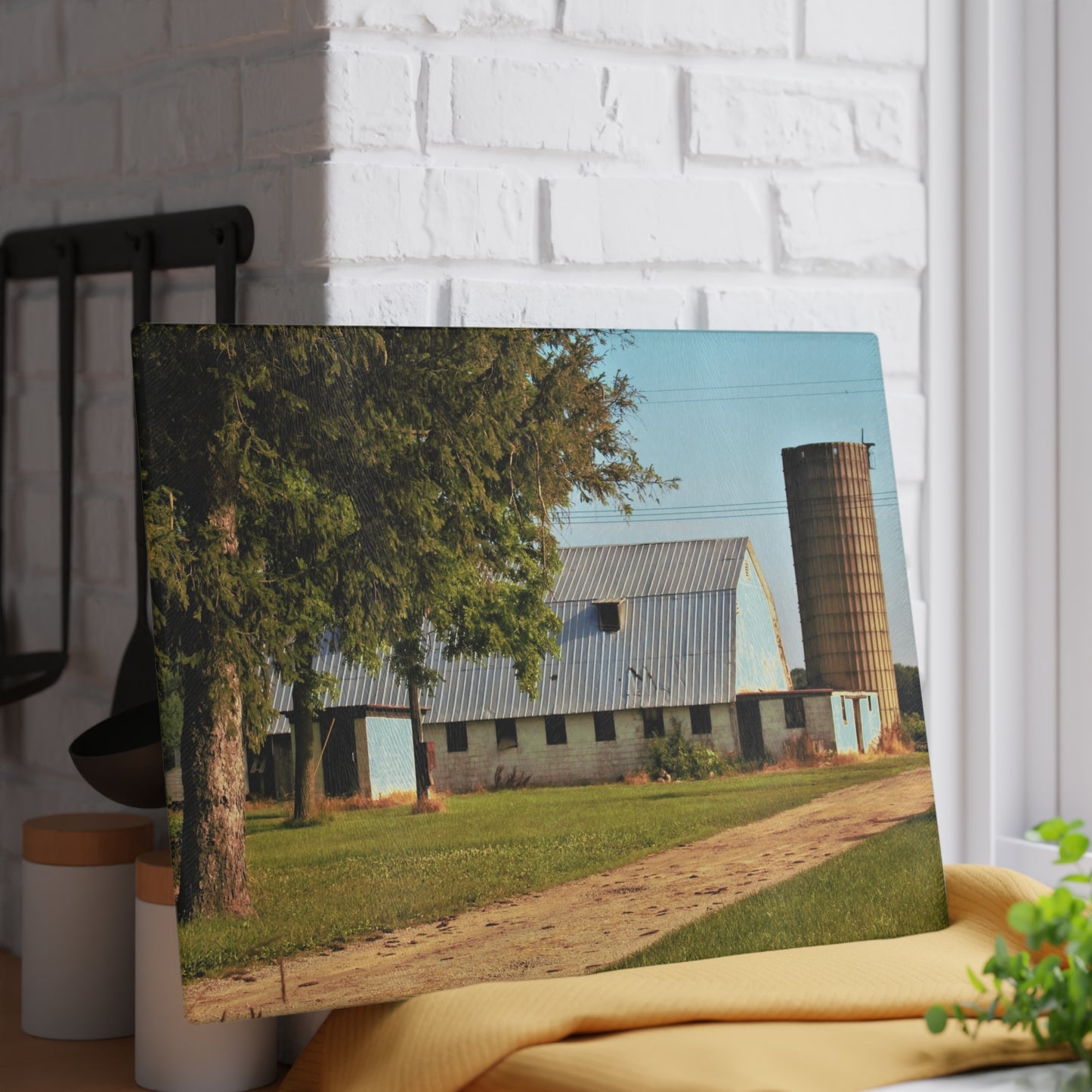 U R There Photography White Barn and Silo Rustic Farmhouse Tempered-Glass Cutting Board
