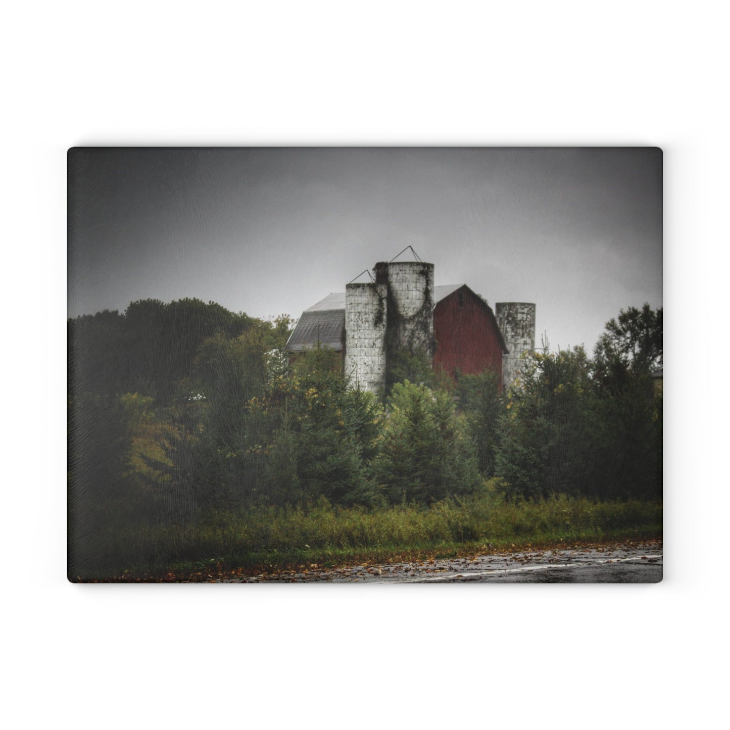 U R There Photography Castle Road Red and Silos in the Rain Rustic Farmhouse Tempered-Glass Cutting Board