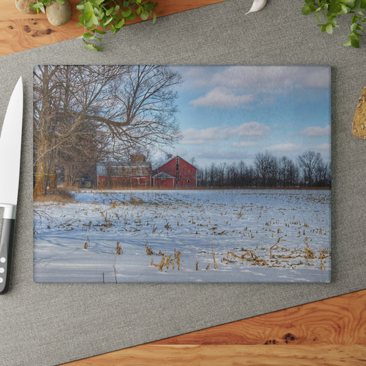 Barn Boutique Rustic Tempered-Glass Cutting Board| Across Barnes Roads Frozen Corn Field