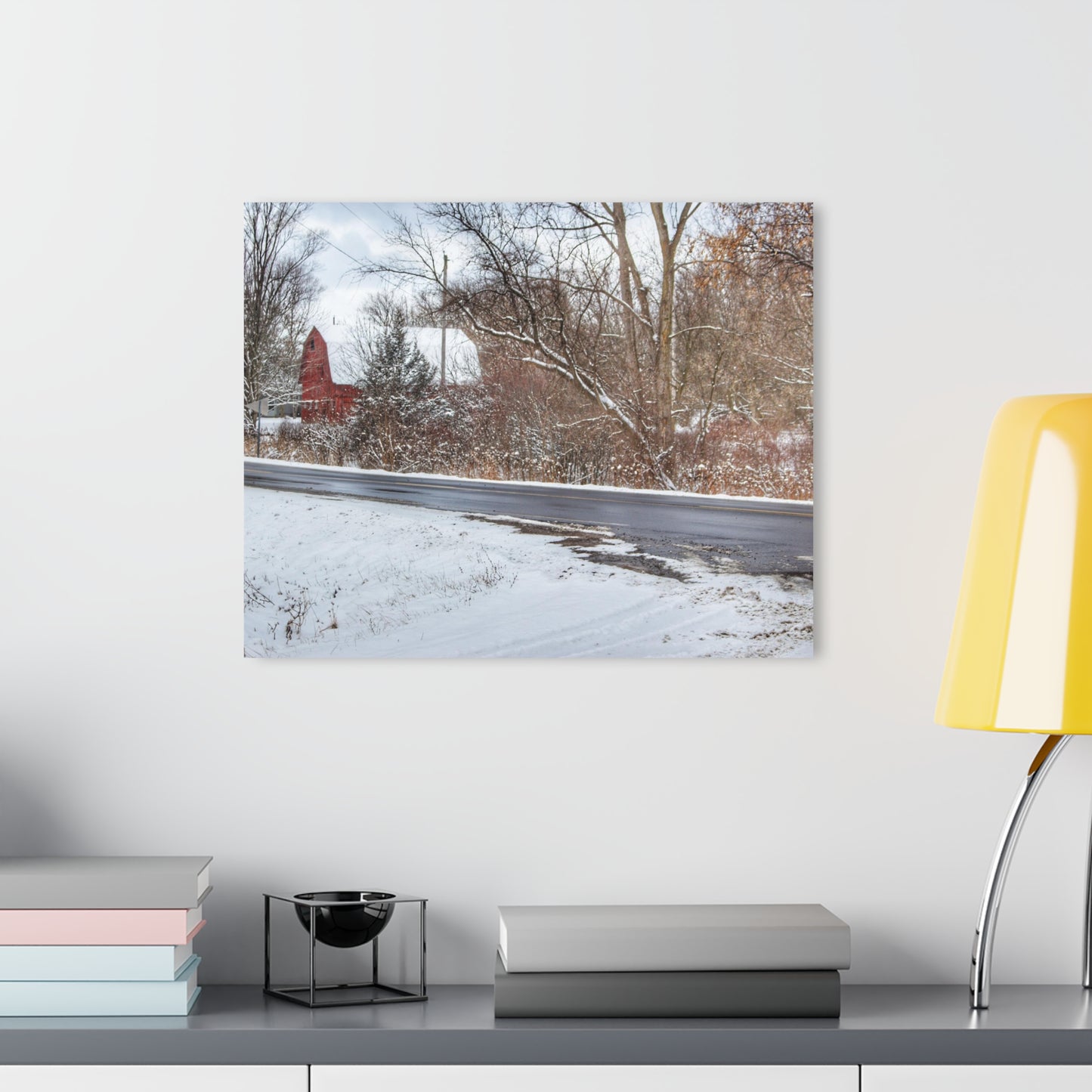 U R There Photography Dodge Road Winter Red Rustic Farmhouse Acrylic Wall Print