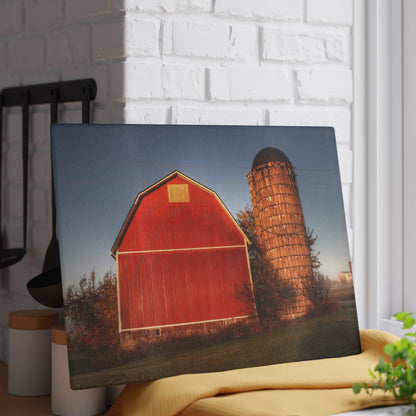 U R There Photography Klam Road Red Meets Foggy Sunrise I Rustic Farmhouse Tempered-Glass Cutting Board
