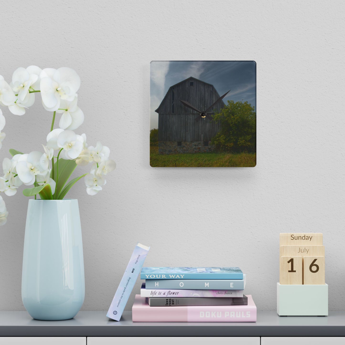 U R There Photography Cat Lake Grey I Rustic Farmhouse Acrylic Analog Wall Clock