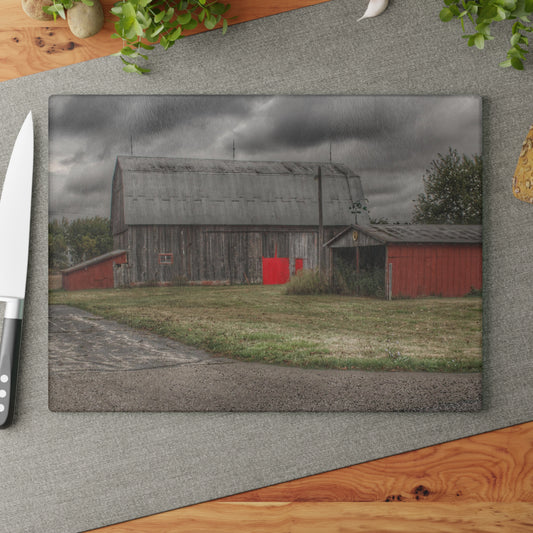 U R There Photography Wadsworth Road Grey Saltbox Rustic Farmhouse Tempered-Glass Cutting Board