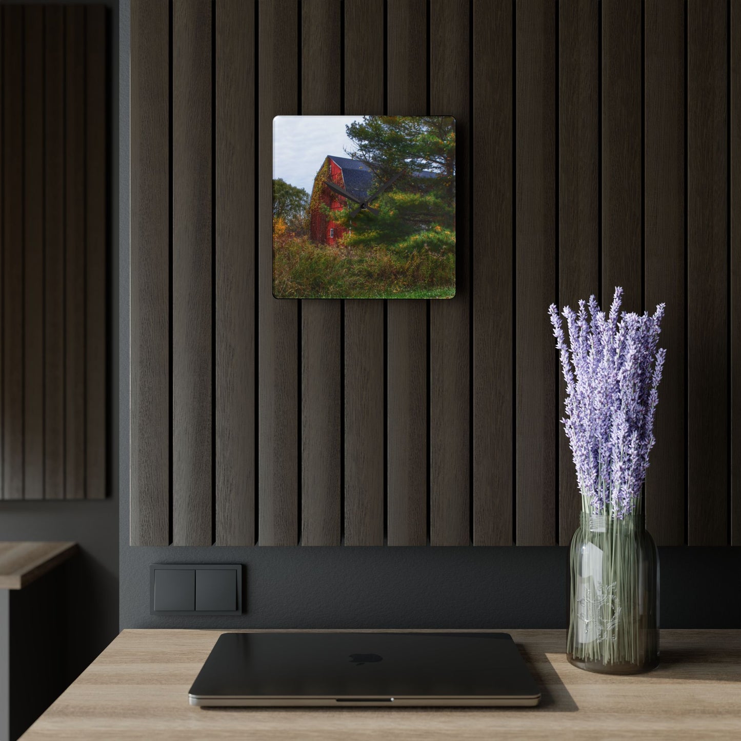 U R There Photography Green Corners Road Hidden Red Rustic Farmhouse Acrylic Analog Wall Clock