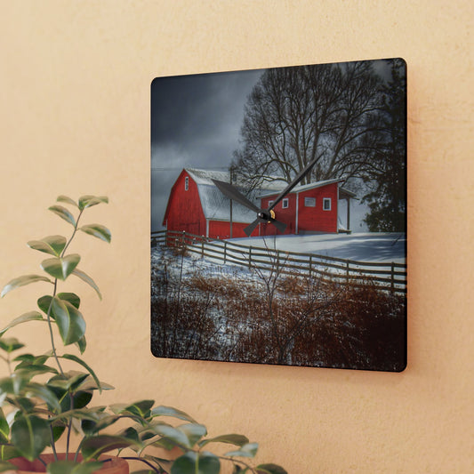 U R There Photography Catlin Red and Fence I Rustic Farmhouse Wall Clock