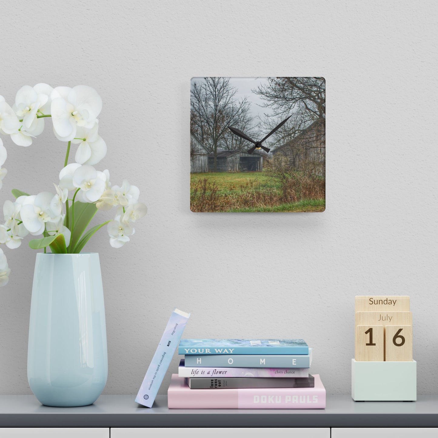 U R There Photography Bowers Road Greys III Rustic Farmhouse Acrylic Analog Wall Clock