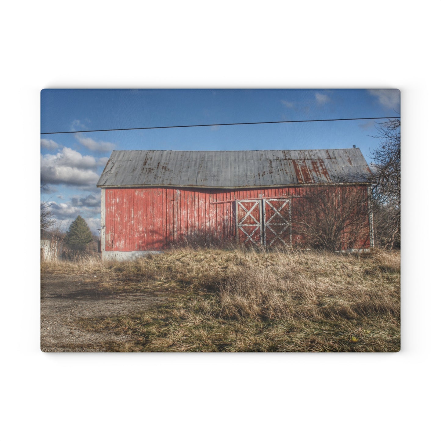 U R There Photography Lapeer Road Crooked Red Rustic Farmhouse Tempered-Glass Cutting Board