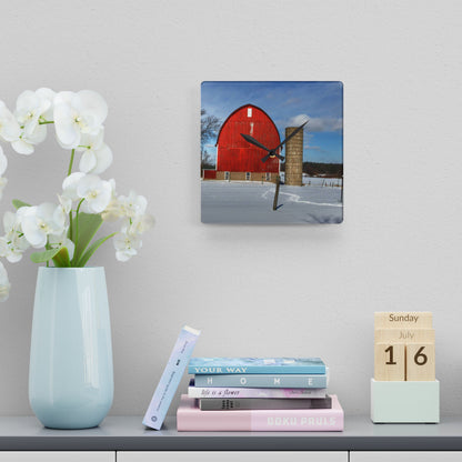 U R There Photography Barnes Road Winter Red Rustic Farmhouse Acrylic Analog Wall Clock