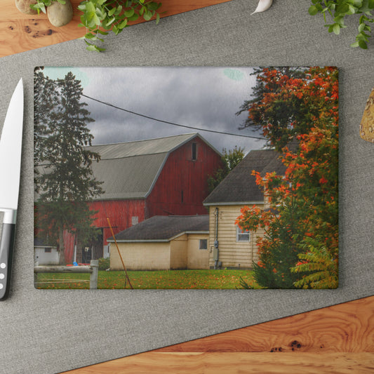 U R There Photography Farnsworth Road Red II Rustic Farmhouse Tempered-Glass Cutting Board