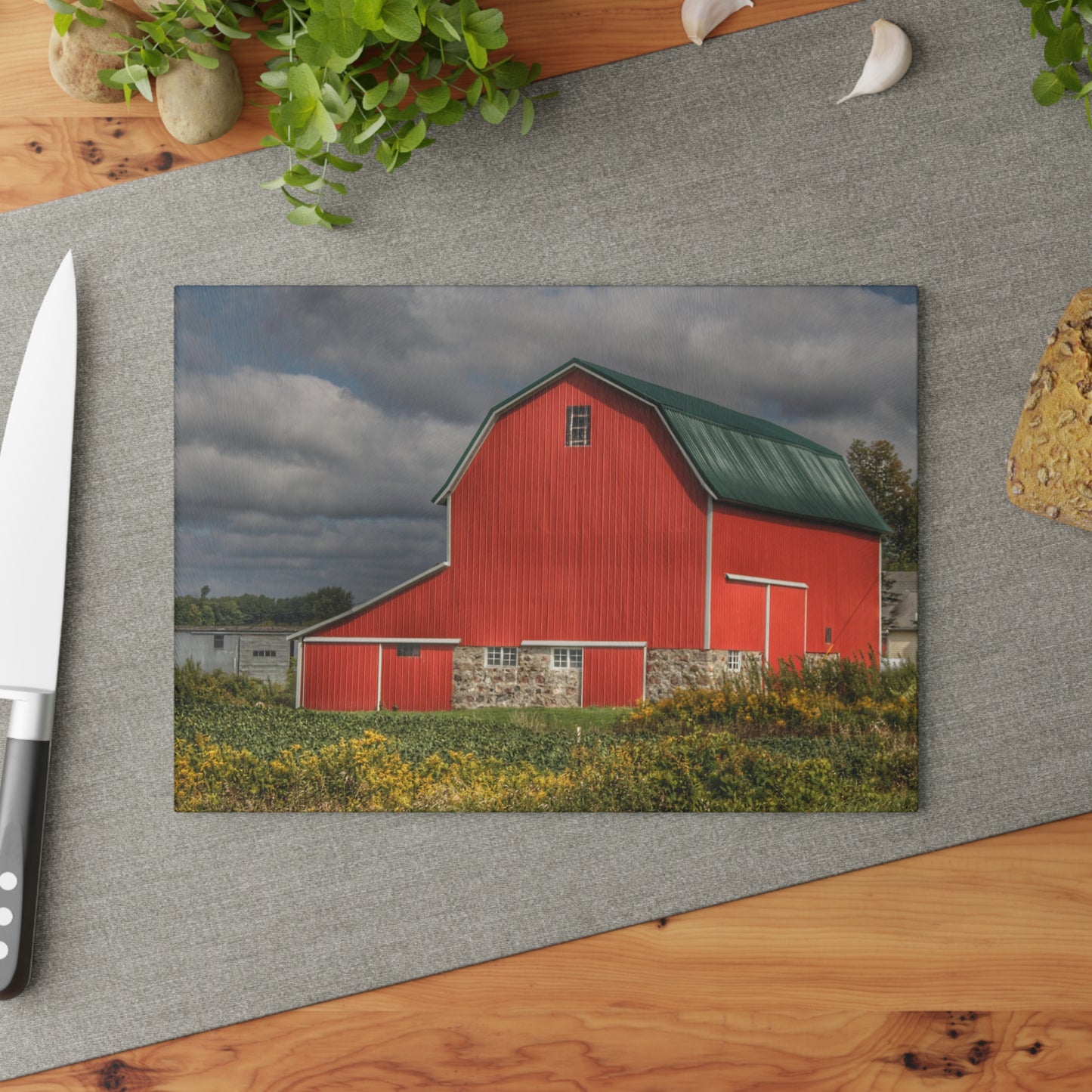 U R There Photography Valentine Road Fieldstone Red Rustic Farmhouse Tempered-Glass Cutting Board