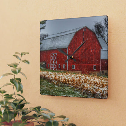 U R There Photography Shoemaker Road Winter Reds I Rustic Farmhouse Acrylic Analog Wall Clock