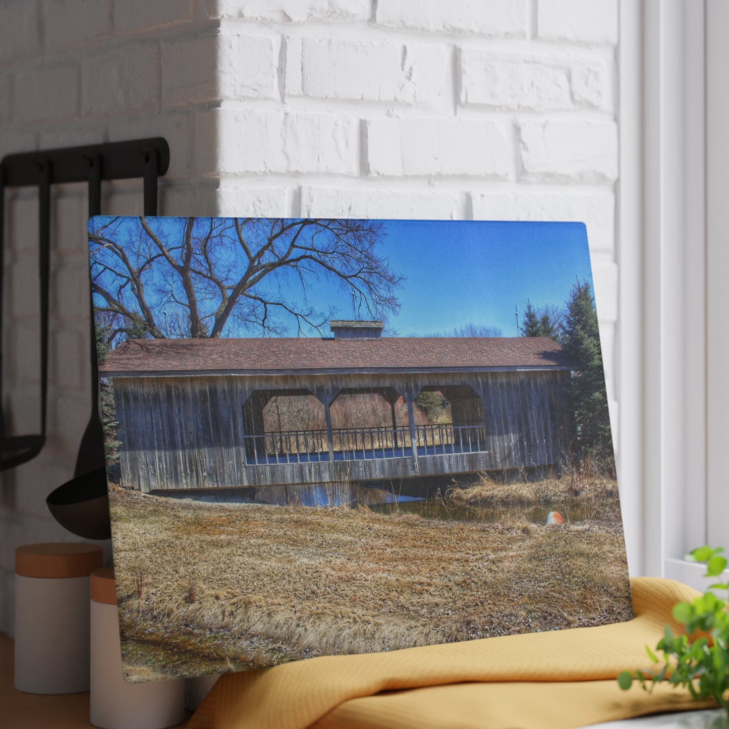 U R There Photography Covered Bridge of Campground Road II Rustic Farmhouse Tempered-Glass Cutting Board