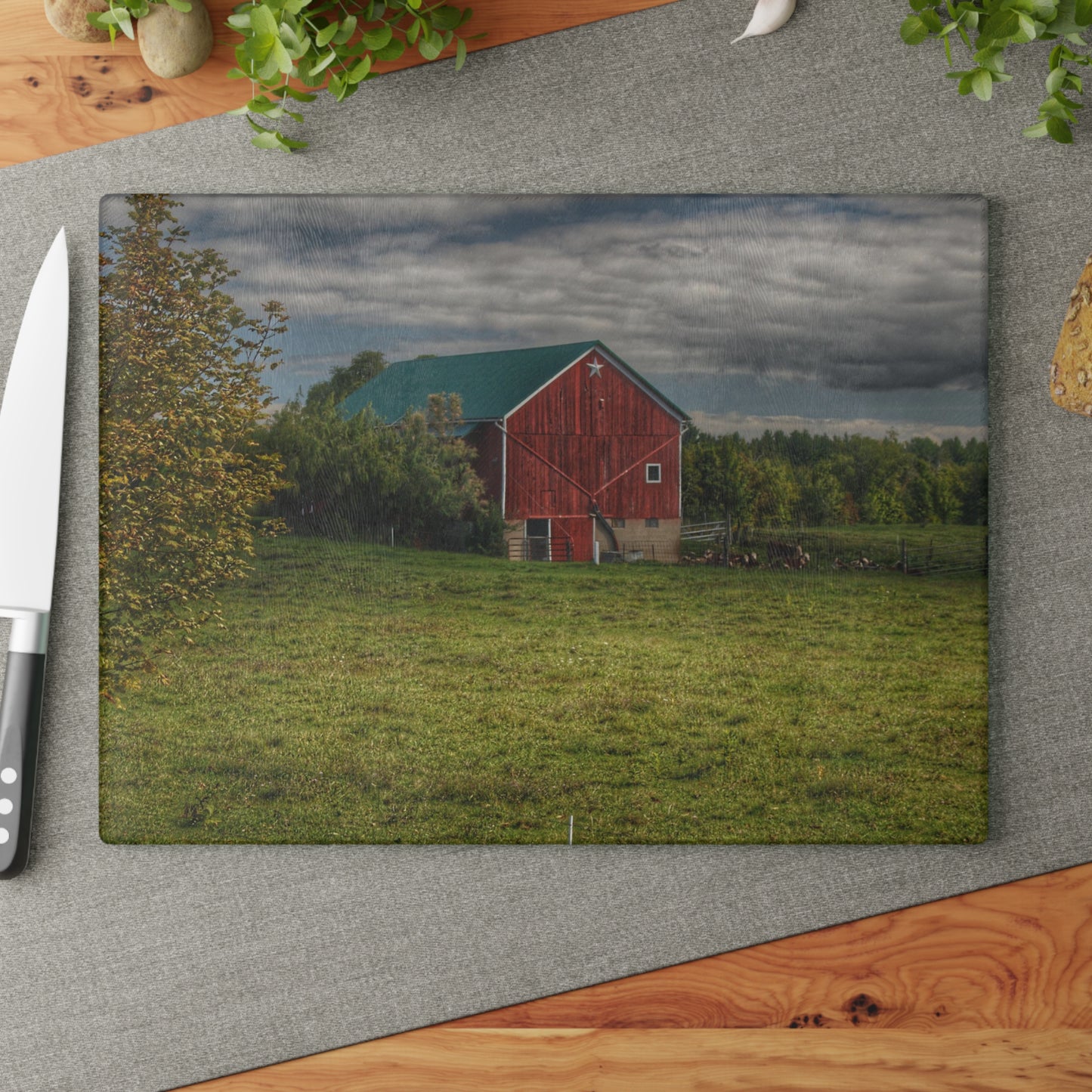 U R There Photography Kingston Plain Road Cow Barn Rustic Farmhouse Tempered-Glass Cutting Board