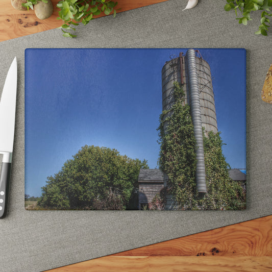 U R There Photography Bordman Road Old Grey and Silo I Rustic Farmhouse Tempered-Glass Cutting Board