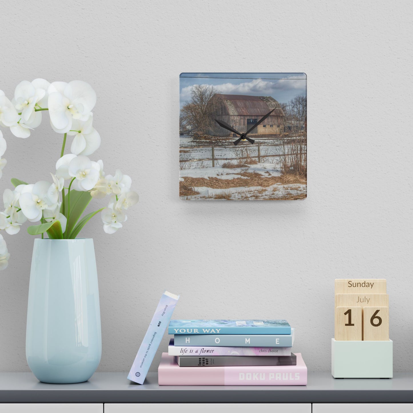 U R There Photography Babcock Road Red Rustic Farmhouse Acrylic Analog Wall Clock