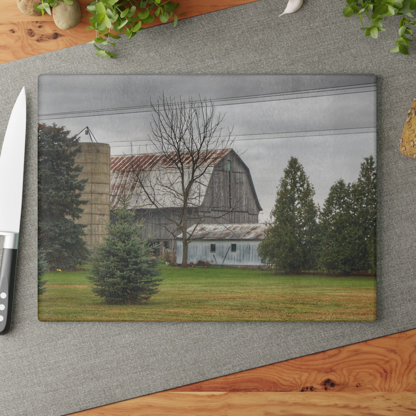 U R There Photography Eddy Road Grey I Rustic Farmhouse Tempered-Glass Cutting Board