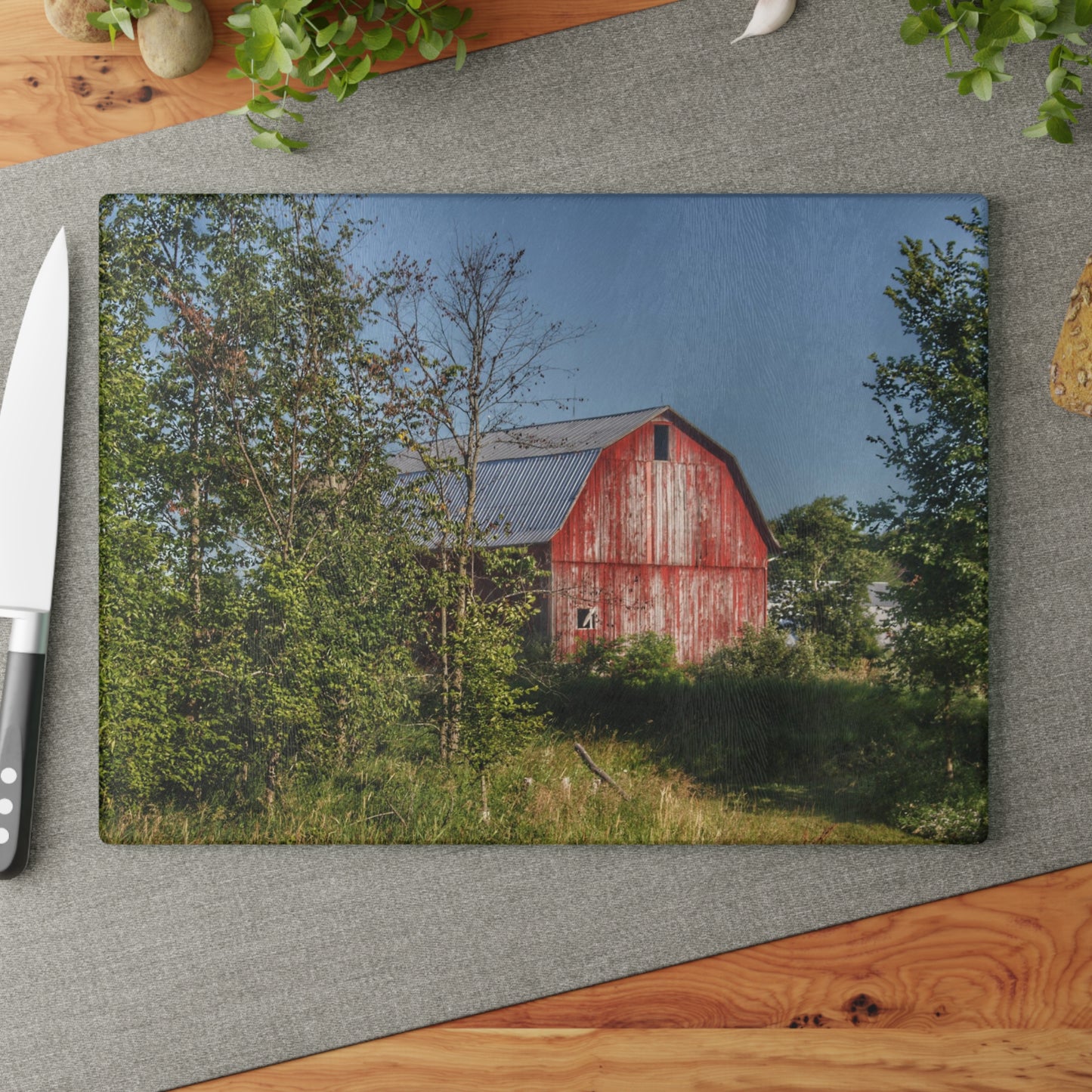 Barn Boutique Rustic Tempered-Glass Cutting Board| Columbiaville Red in Summer II