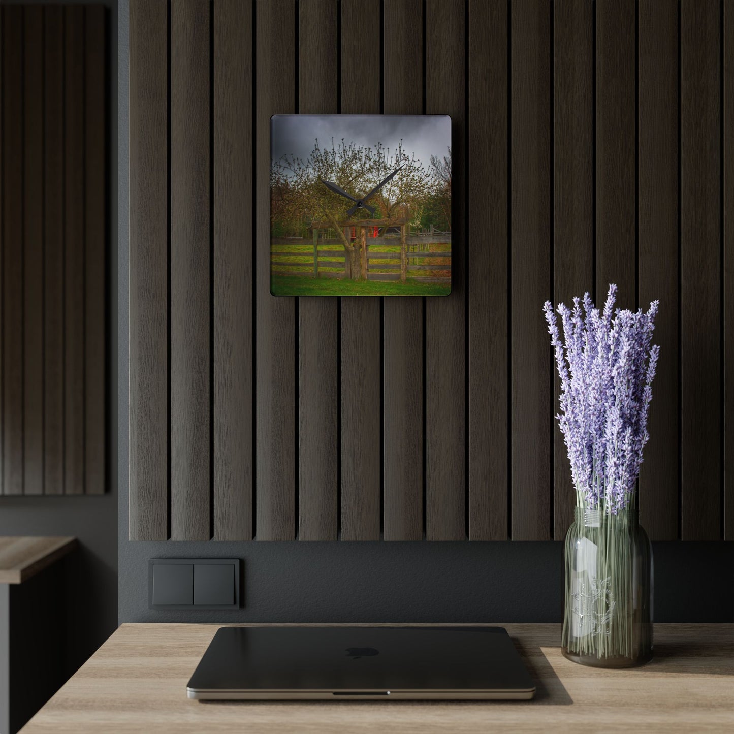 U R There Photography Castle Road Tree Fence Rustic Farmhouse Acrylic Analog Wall Clock