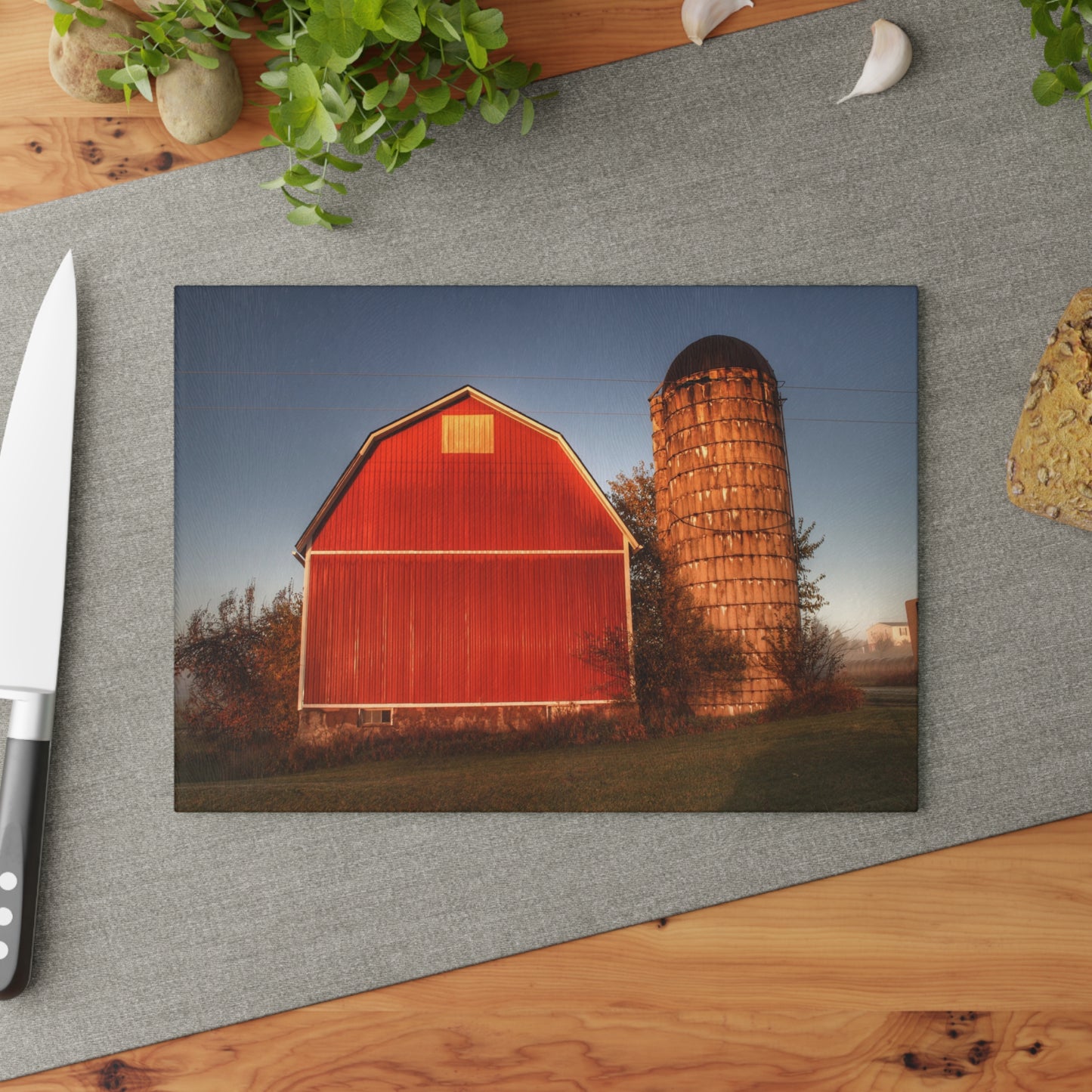U R There Photography Klam Road Red Meets Foggy Sunrise I Rustic Farmhouse Tempered-Glass Cutting Board