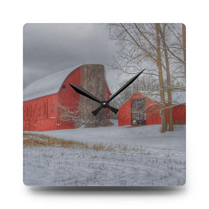 U R There Photography Catlin Reds in Winter II Rustic Farmhouse Acrylic Analog Wall Clock