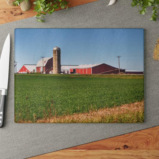 U R There Photography Pattison Road Farm Across the Field II Rustic Farmhouse Tempered-Glass Cutting Board