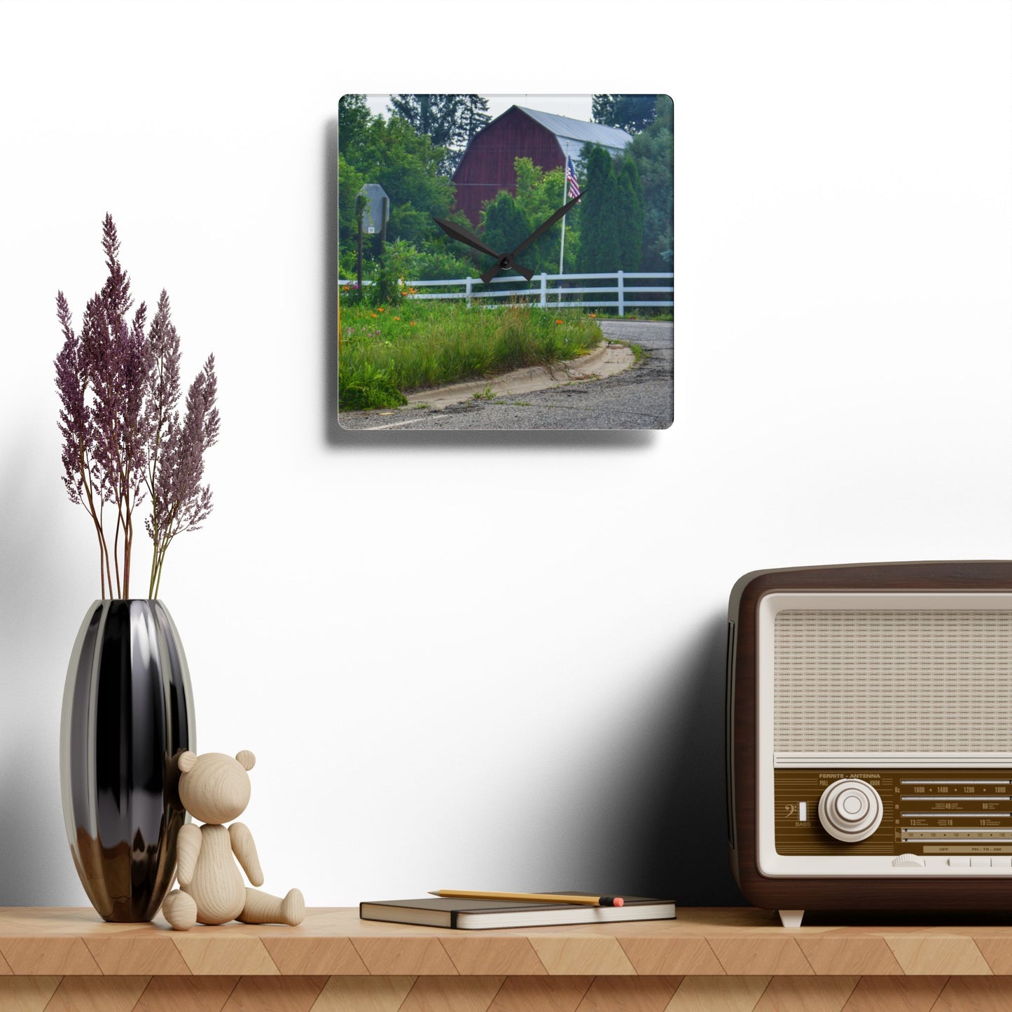 U R There Photography Sutton Road Red and Old Glory Rustic Farmhouse Acrylic Analog Wall Clock