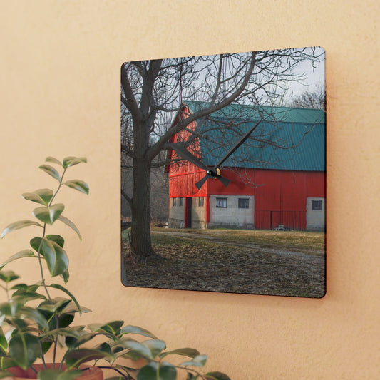 U R There Photography Wilson Road Red and Silo I Rustic Farmhouse Acrylic Analog Wall Clock